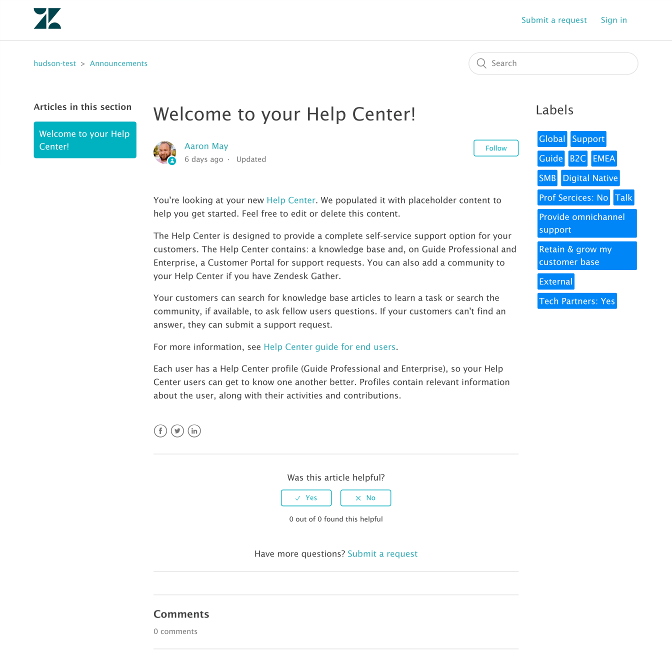 Labels on the bottom of Zendesk help center