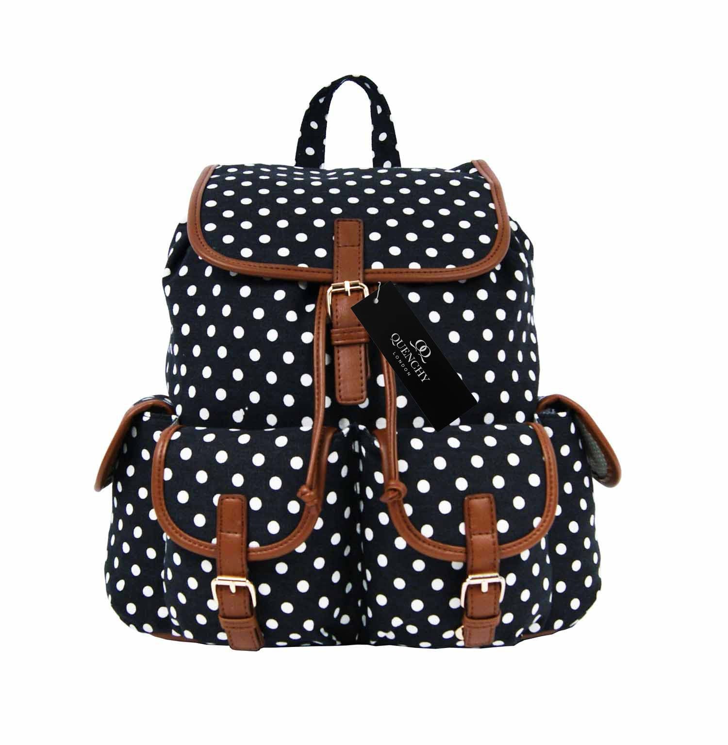 Canvas Backpack Rucksack Casual Polka Dot Print Backpacks Bag QL152 - Quenchy London