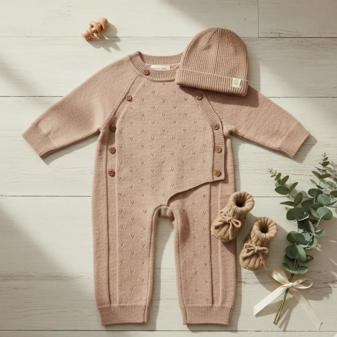 complete outfitset: truitje, broekje, mutsje, slofjes