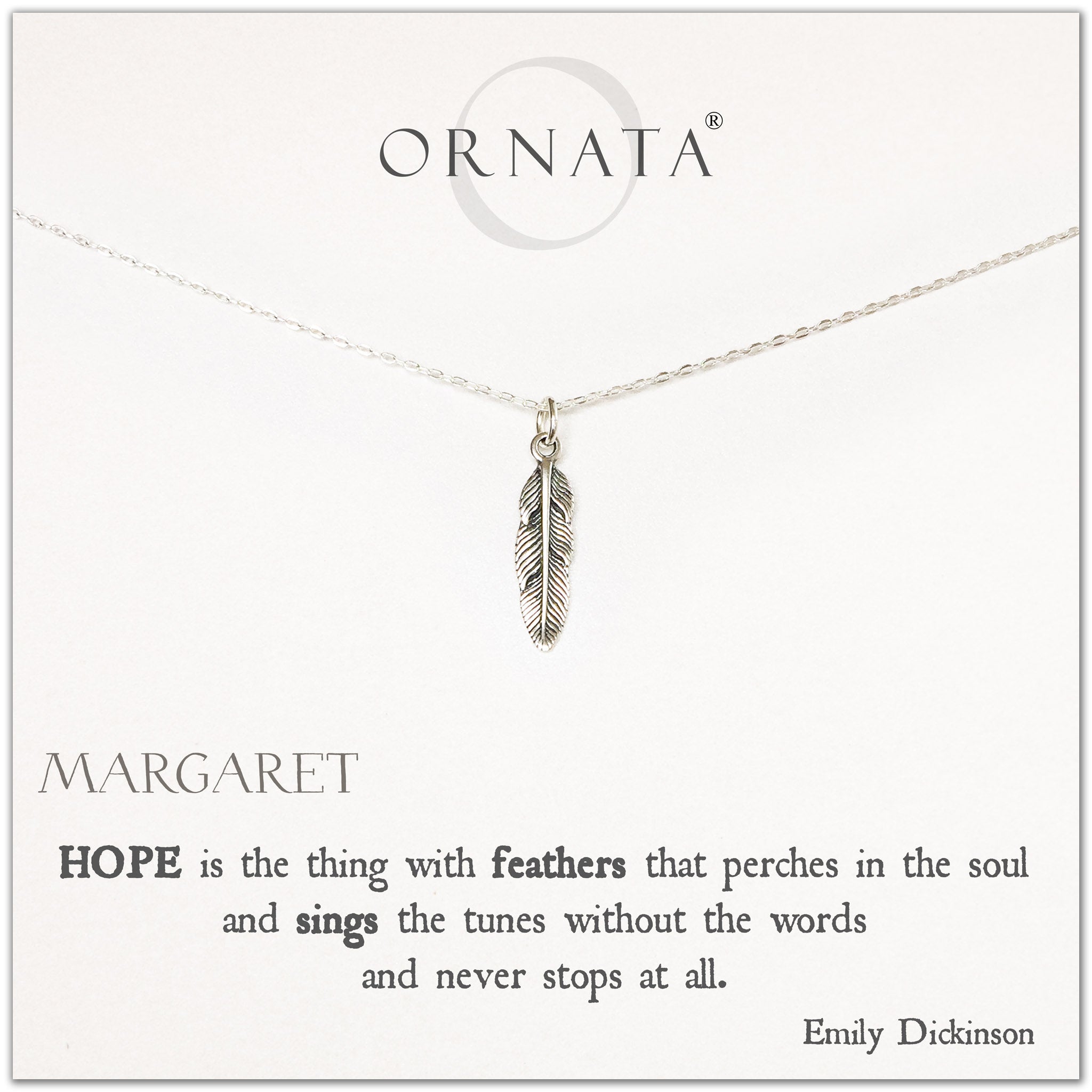 Sterling Silver Feather Necklace Personalized Name Card W Hope Quote Ornata