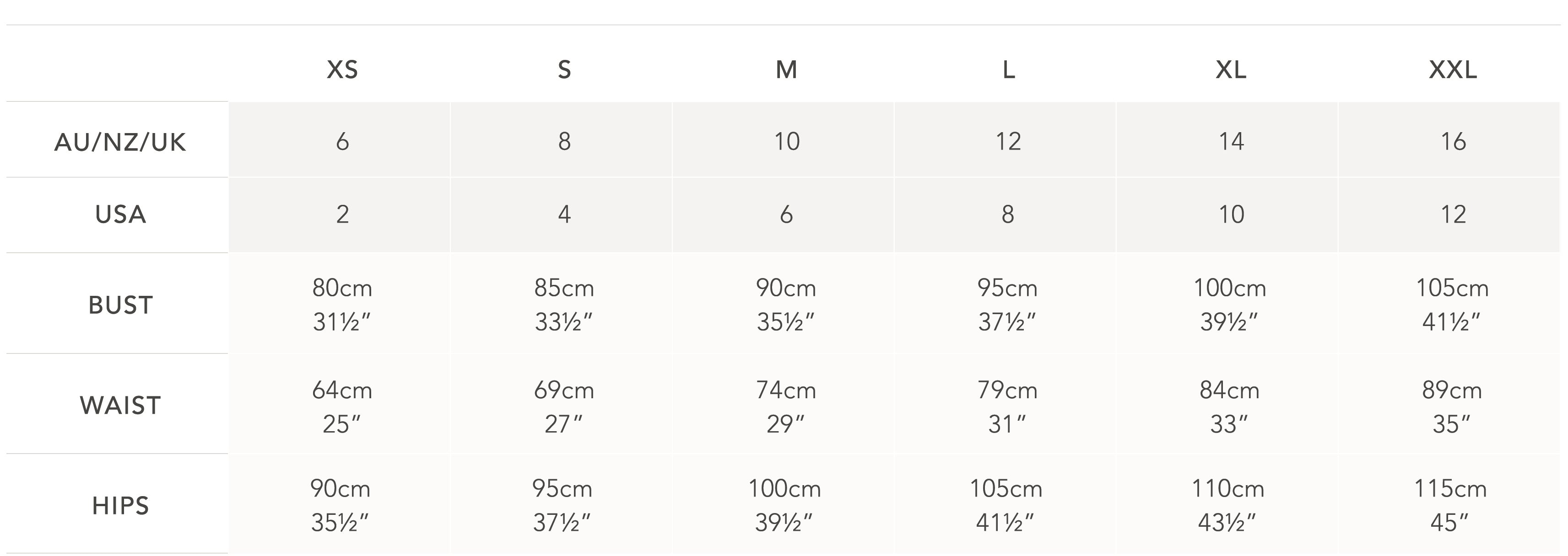 Staple the Label Size Guide Conversion Chart Body Measurements