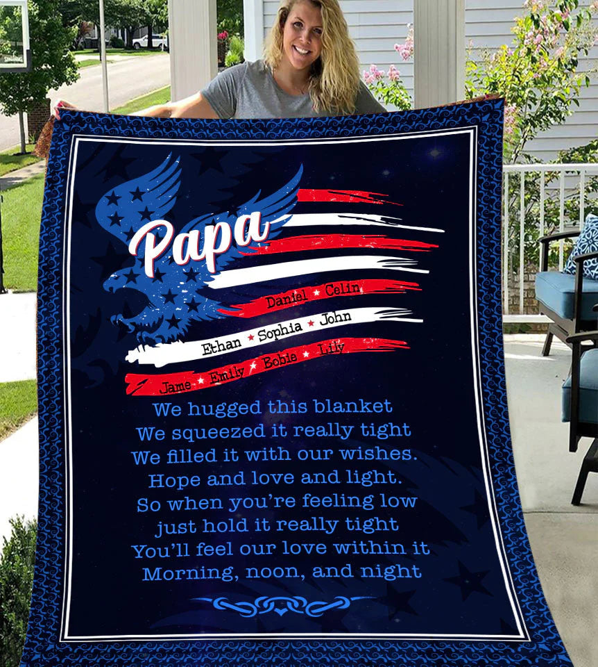Personalized Papa with Grandkids Names 4th Of July Blanket, Custom Papa Fleece Sherpa Blanket, Father's Day Blanket