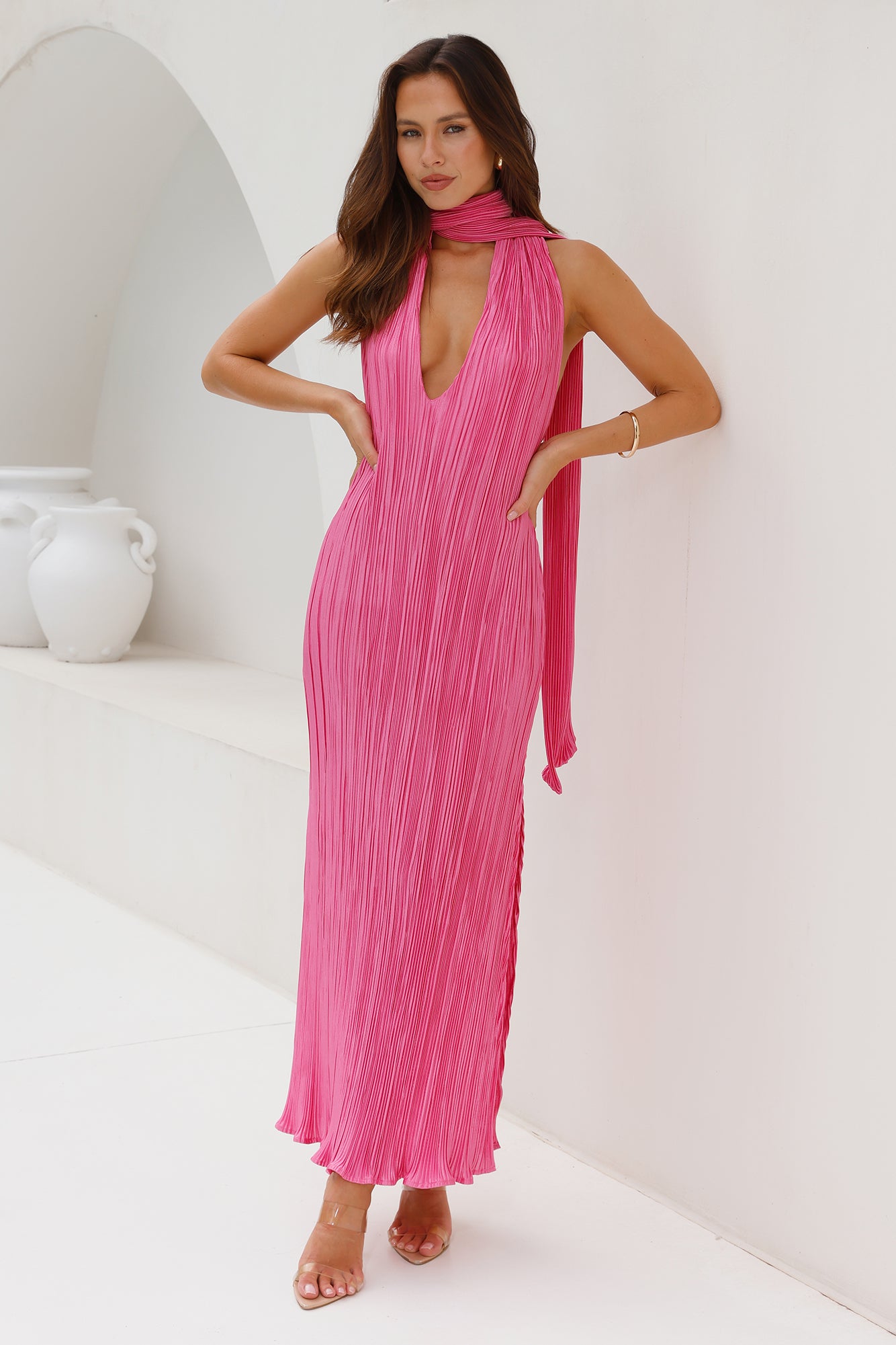 HELLO MOLLY Excitement Plisse Halter Maxi Dress Pink - Image 1