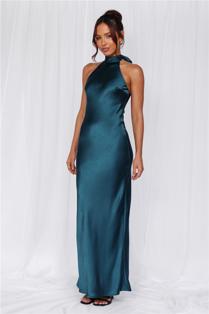 HELLO MOLLY The Cleo Halter Satin Maxi Dress Teal - Image 1