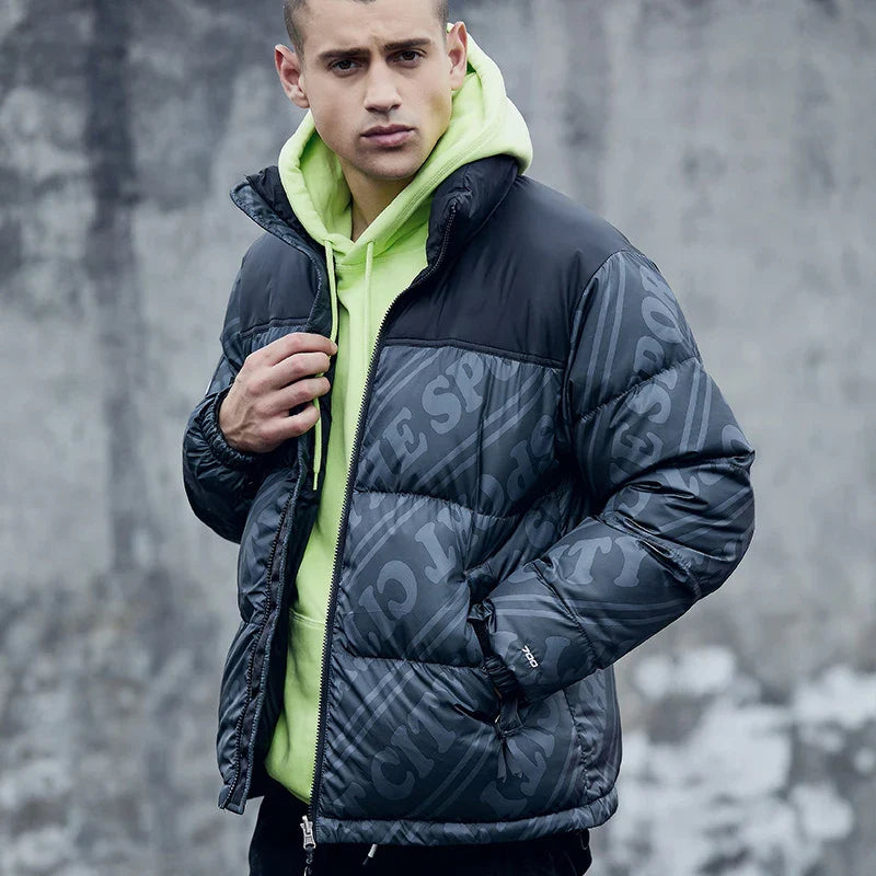 Men's Black Hip-Hop Print Winter Jacket