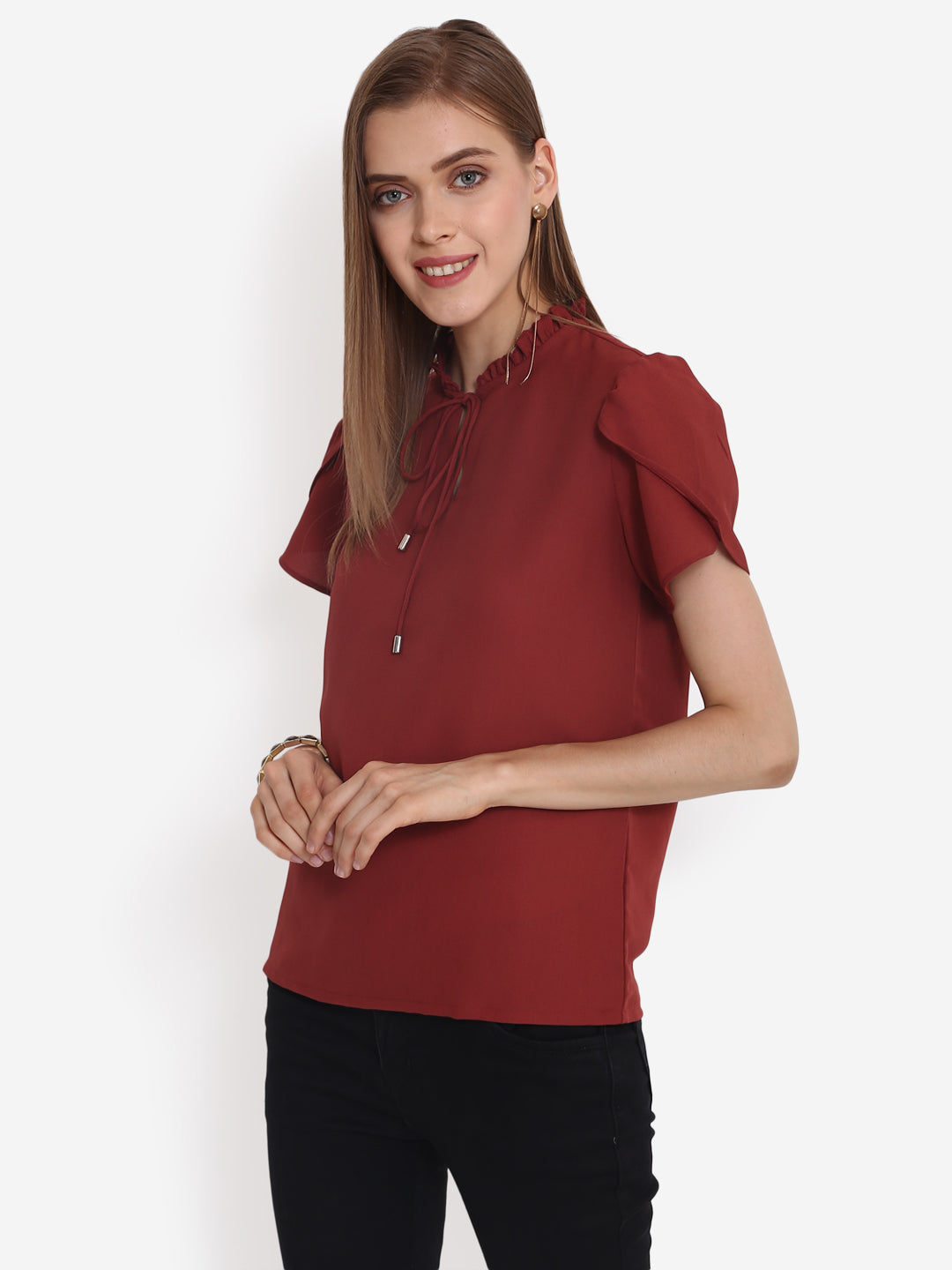 Gathered Neck Top with Short Petal Sleeves - Purys