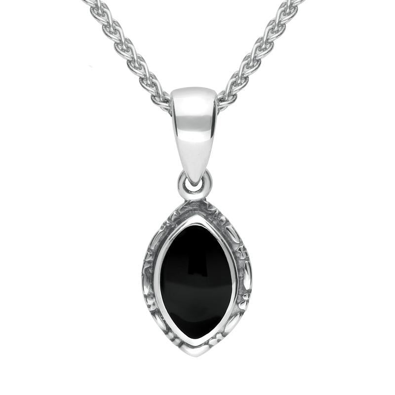 Sterling Silver Whitby Jet Marquise Bead Edge Necklace. P160