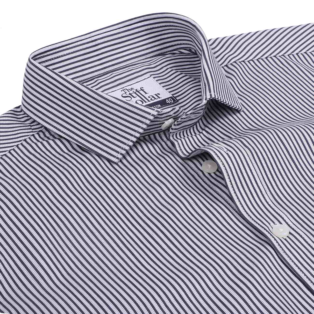 Monti French Navy Blue Stripes Satin Half Sleeve Shirt – Thestiffcollar.com