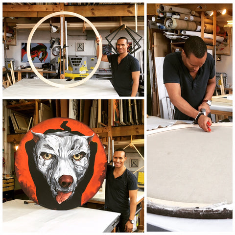 The Jose Garcia Cordero canvas "Perro Rojo" stretched over a custom hardwood stretcher at Frames and Stretchers in the Lower East Side