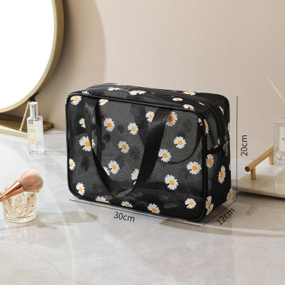 dimensions trousse maquillage pvc noir avec imprimé-marguerites