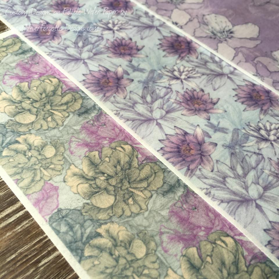 Edible Cream & Lavender Floral Designs on Wafer Paper