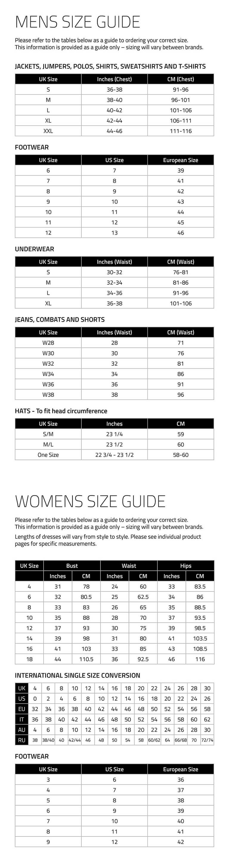 UK Size Guide - Men's, Women's, Kid's Clothing, Footwear, Underwear - Size Chart: EU, USA, International equivalents for UK sizes