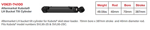 Aftermarket LH bucket tilt cylinder for Kubota® skid steer loader. 70mm bore x 387mm stroke and 40mm diameter rod.  Fits Kubota® model numbers SVL95-2S & SVL95-2SC.