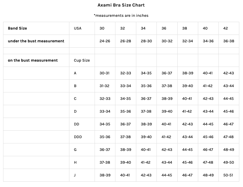 Axami Lingerie USA size chart bras