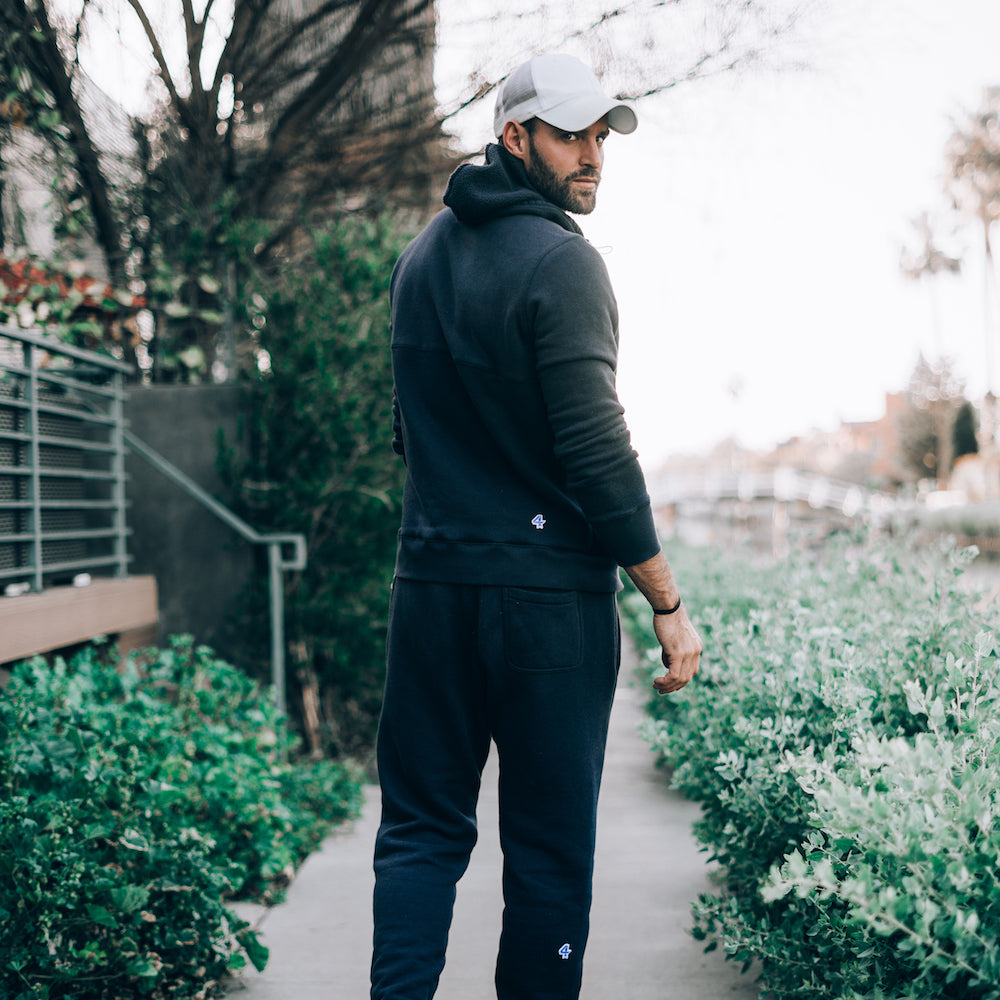 Robbie Hayes in Navy Rush Jogger and Rush Hoodie