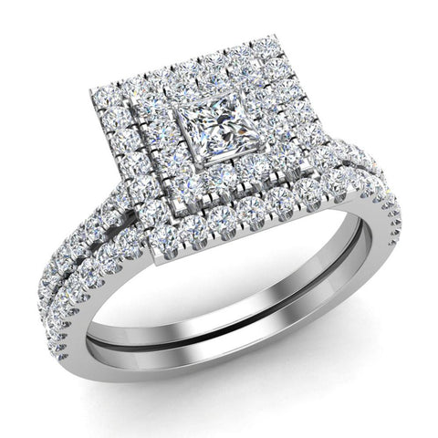 Glitz Design Princess Cut Double Halo Diamond Wedding Ring Bridal