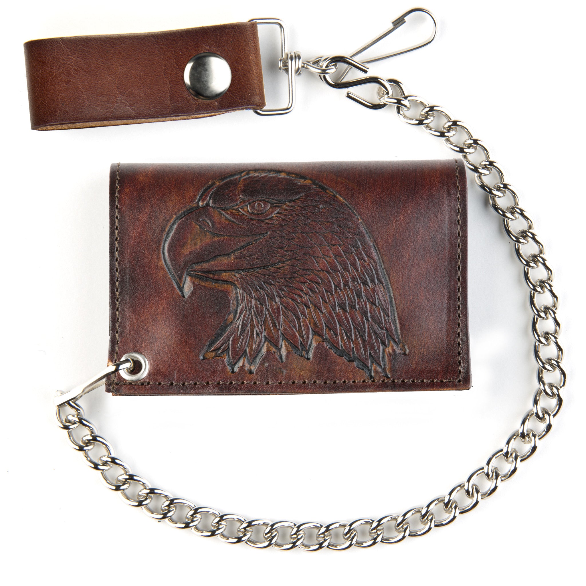 AT322-40  Antique Finish Tri-Fold Wallet w/ Chain- Large Eagle Head - Mascorro Leather
