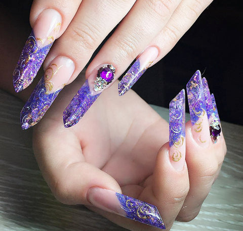 very long nails painted purple edge shaped