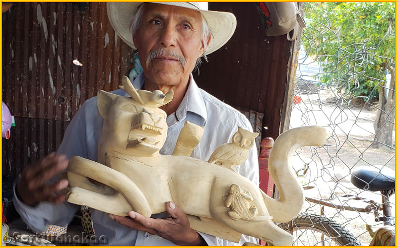 Margarito Melchor Unpainted Cat Big Scale Copal Wood Statuesque Sculpture Carving Oaxaca Mexico