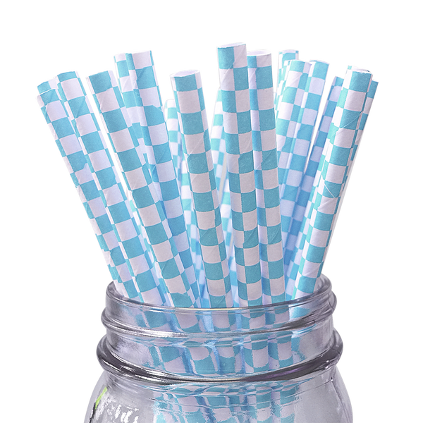 Light Blue Checkered 25pc Paper Straws