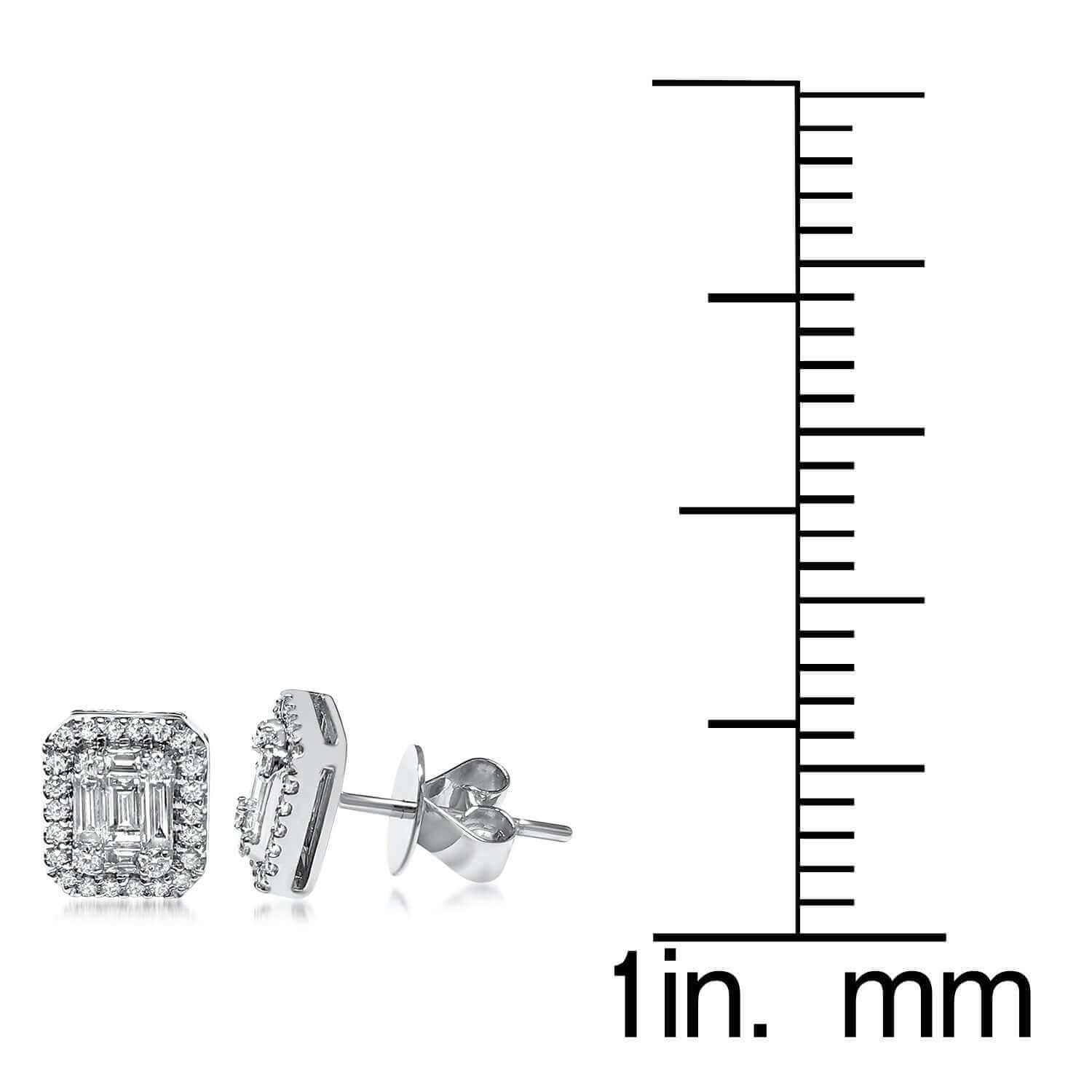 Aura  18K White Gold Halo Stud Earring 3/4cttw Round and Baguette (VS2-SI1)