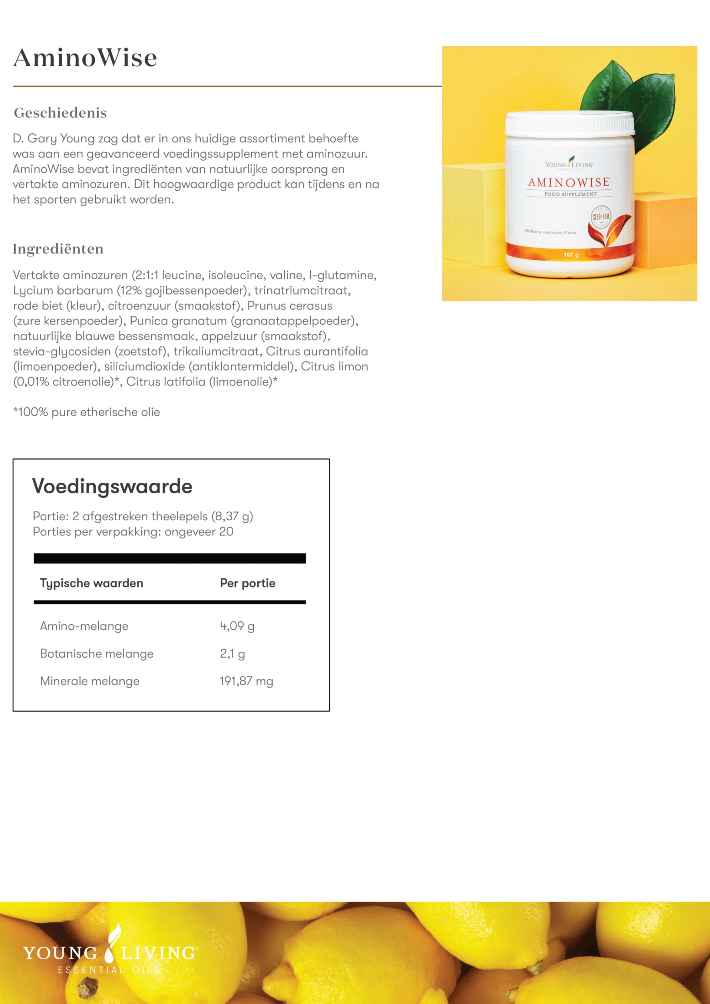 Informatieve productafbeelding van AminoWise met uitleg over geschiedenis, ingrediënten en voedingswaarden.