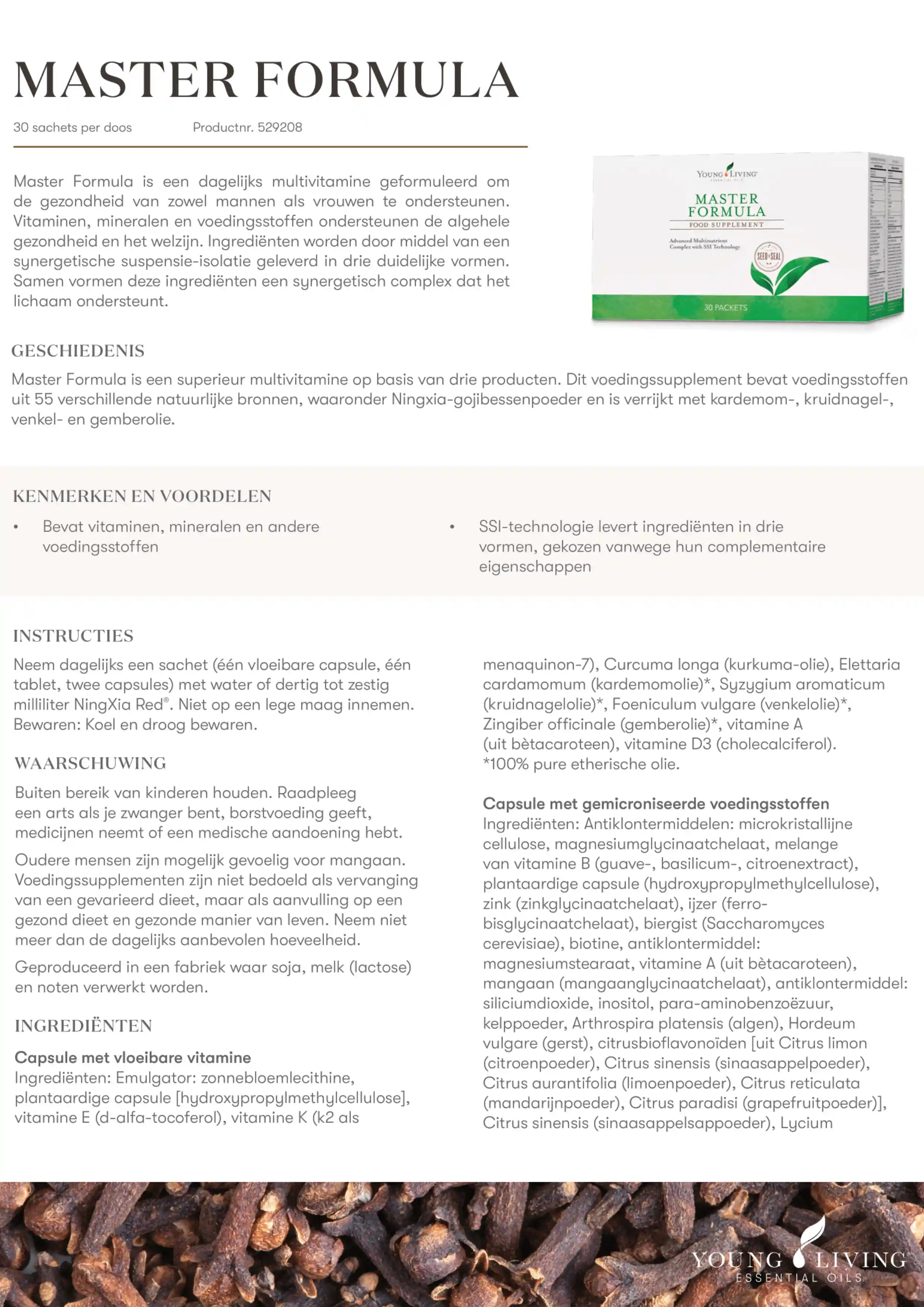 Informatie over Young Living Master Formula – een complete multivitamine in capsules met B12, D3, selenium en jodium, ontwikkeld om vermoeidheid te verminderen en de schildklier te ondersteunen bij tekorten.