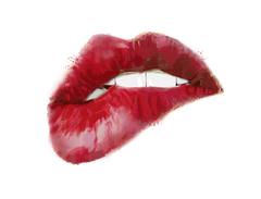 Graphic of a mouth, wearing red lipstick, biting lower lip; Credit: Tess via Pixabay