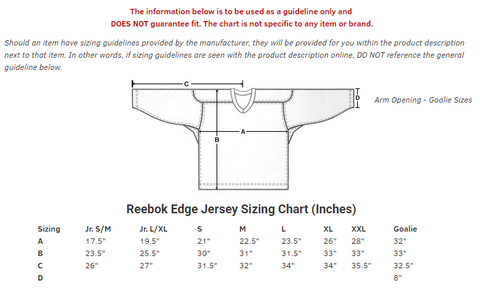 reebok jersey size chart