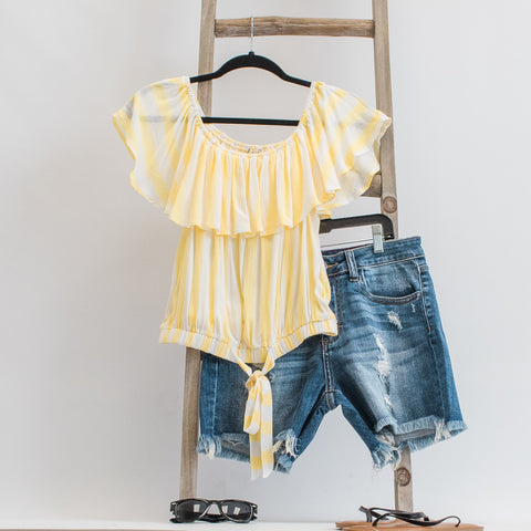 Yellow Striped Off The Shoulder Ruffle Blouse 