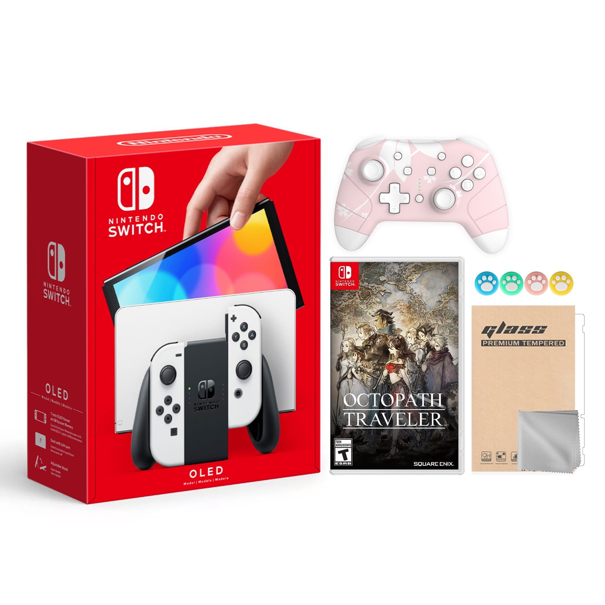 2021 New Nintendo Switch OLED Model White Joy Con 64GB Console Improved HD Screen & LAN-Port Dock with Octopath Traveler And Mytrix Wireless Switch Pro Controller and Accessories