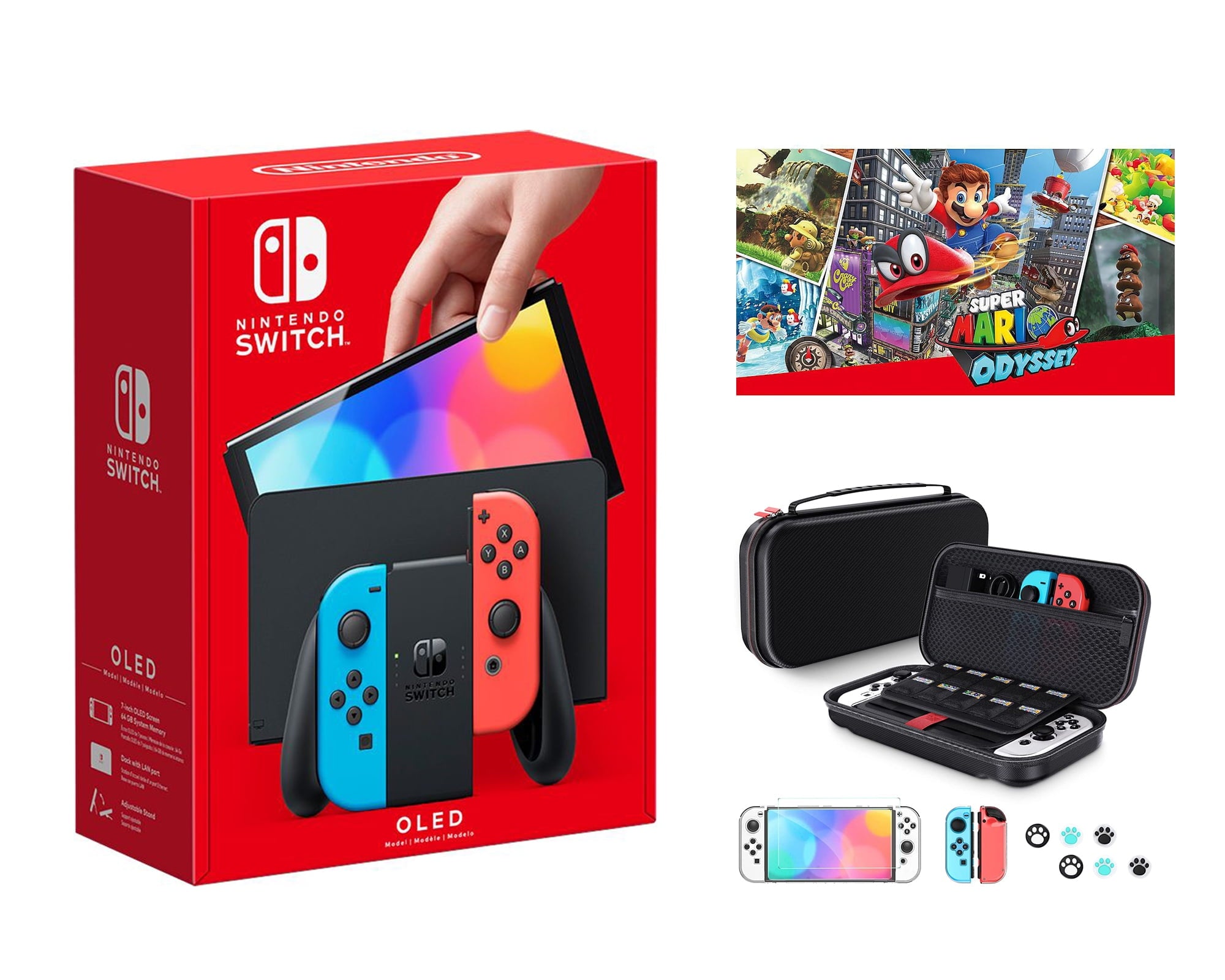 2023 Newest Nintendo Switch OLED Model Neon Red & Blue Joy-Cons Console, 32GB Internal Storage, Bundle with Super Mario Odyssey & 10 in 1 Accessory Case