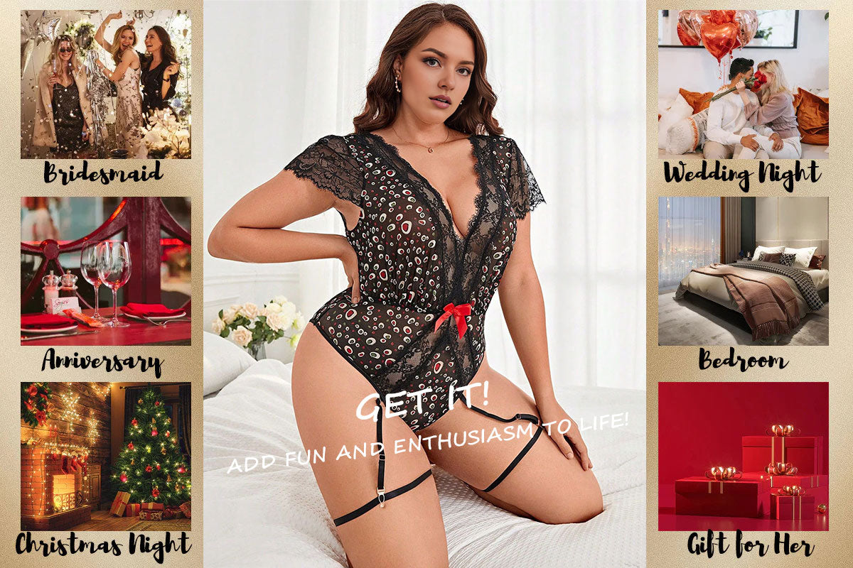 Women Plus Size Lace Print Bodysuit with Suspender Legbands