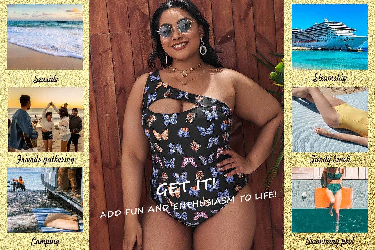 Women Plus Size One-shoulder Butterfly Print One-piece Swimsuit