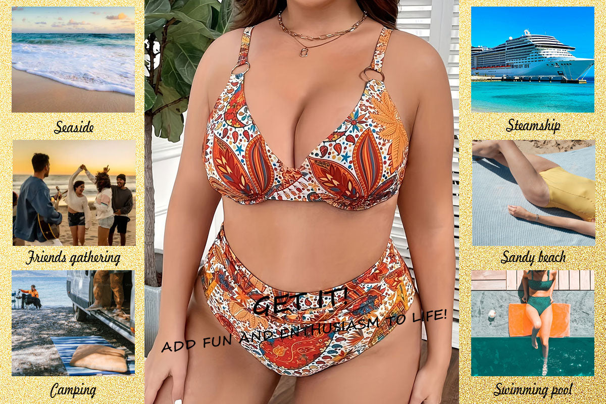 Women Plus Size Retro Floral Print Underwire Bikini Set