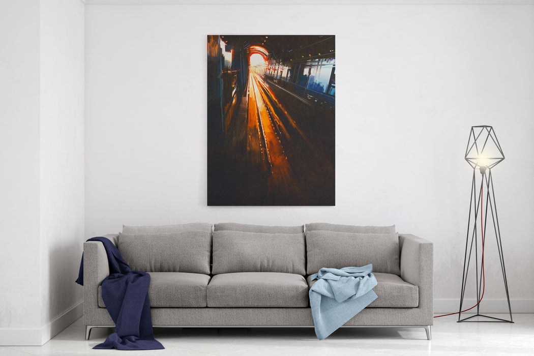 Digital Painting Of Railway Station With Sunset Canvas Wall Art Print