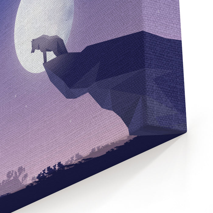 Abstract Forest Landscape Scenery With Wolf On The Moonlight On Full Moonlooking Down A Cliff Edge Canvas Wall Art Print