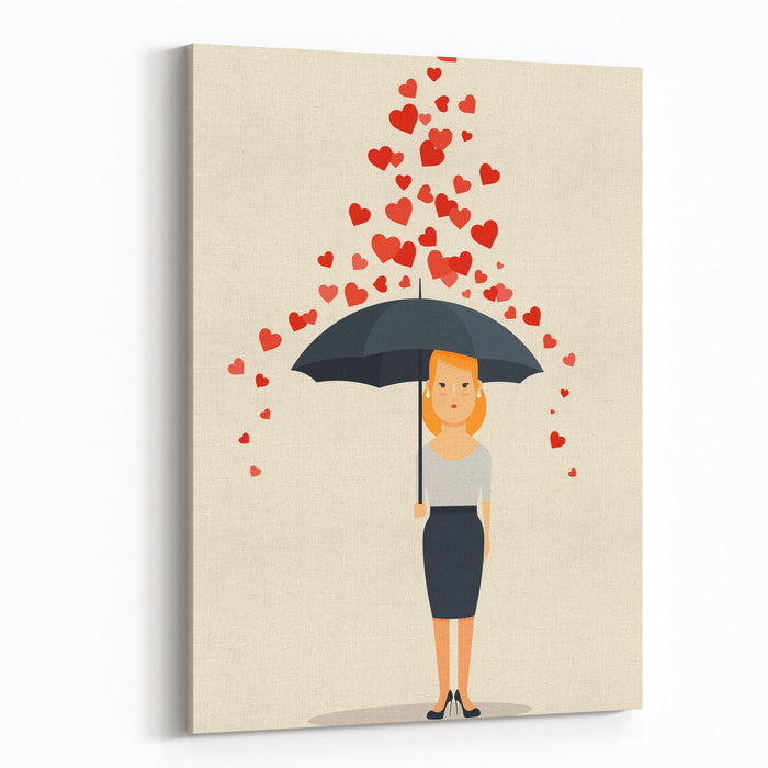 Young Girl With Umbrella Standing Under The Rain Of Hearts Canvas