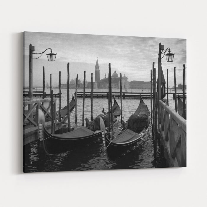 Gondolas In Venice Black And White Canvas Wall Art Print