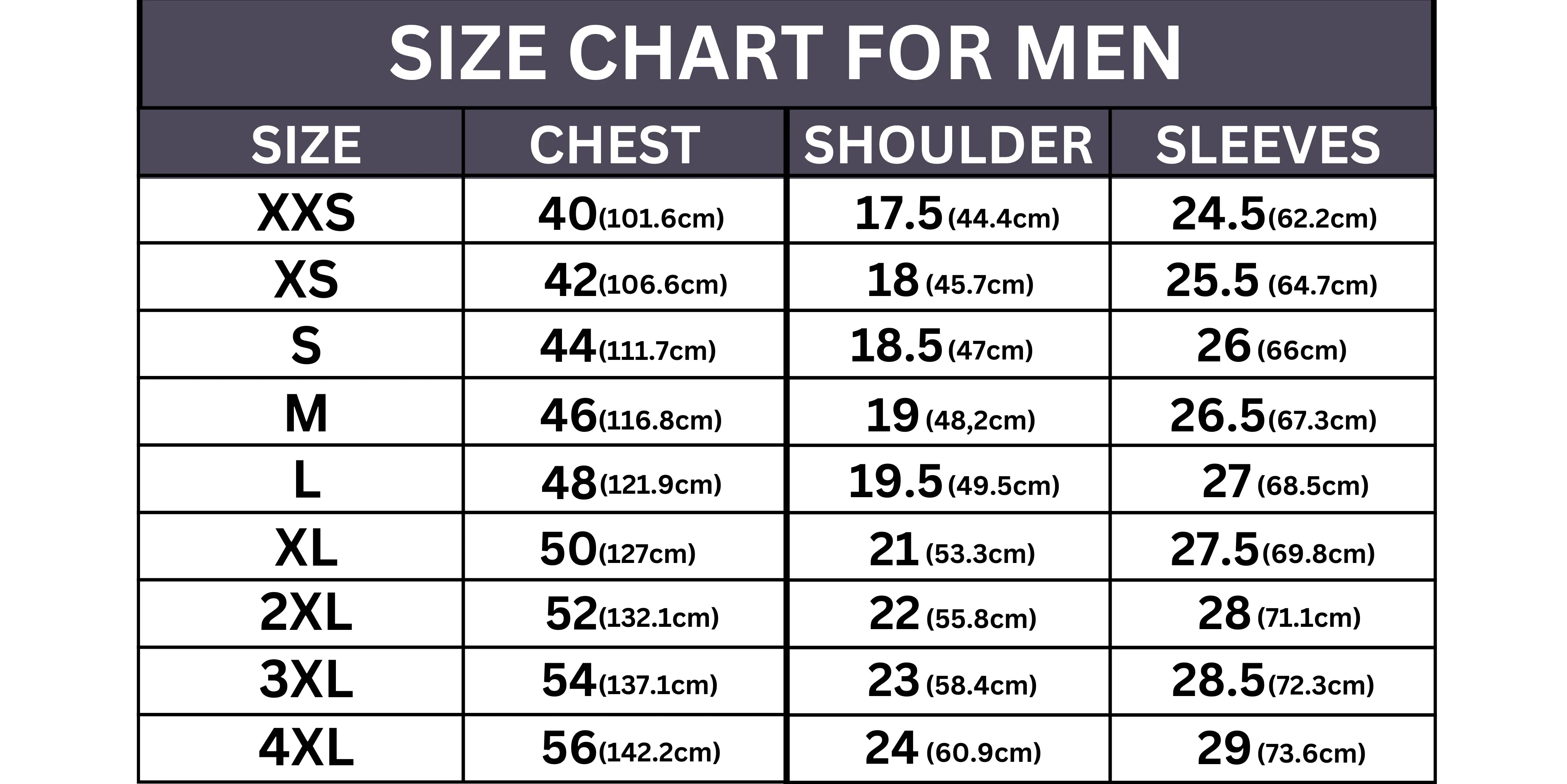 Size Chart For Men