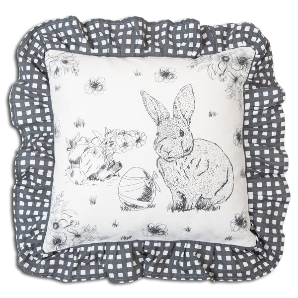 Our Black and White Bunny Throw Pillow With Ruffle is made of 100% cotton with poly fill and zippered closure and is 18” square and features a black white image of an adorable bunny with flowers with a black and white check ruffle trim around the entire pillow. It is great as a pillow or as a seat or back cushion. Great for adults and children.