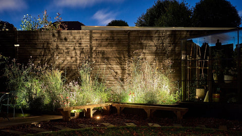 Low voltage outdoor and garden lights. Creative lighting technique with spotlighting in garden space.