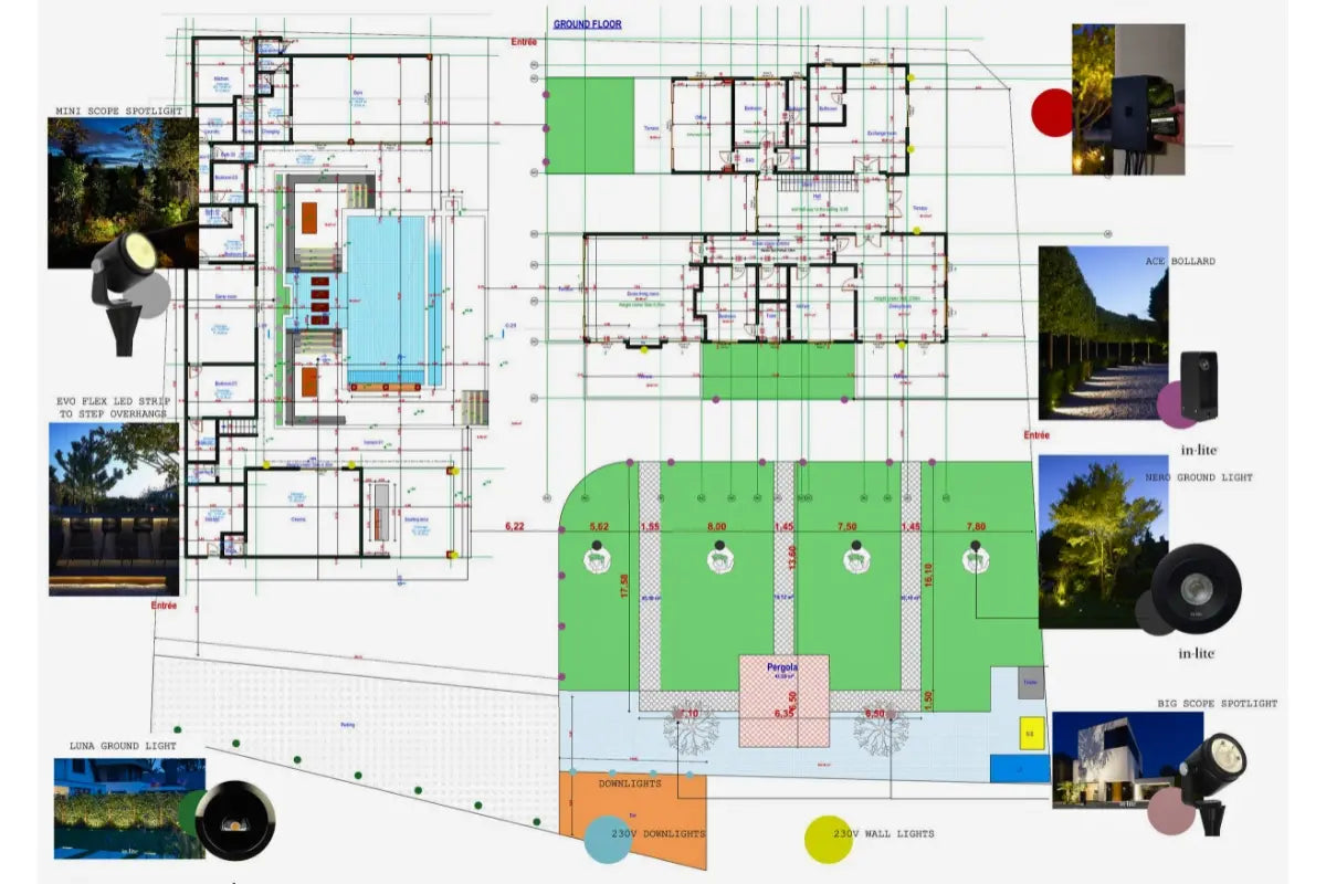 Large residential landscape design outdoor lighting plan with light fixtures selected and installation positions marked on the plan.