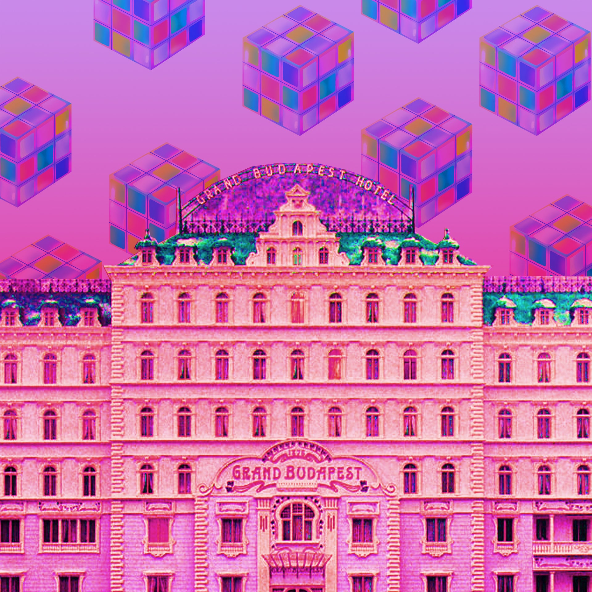 wes anderson grand budapest hotel key art with rubix cube pattern in the background