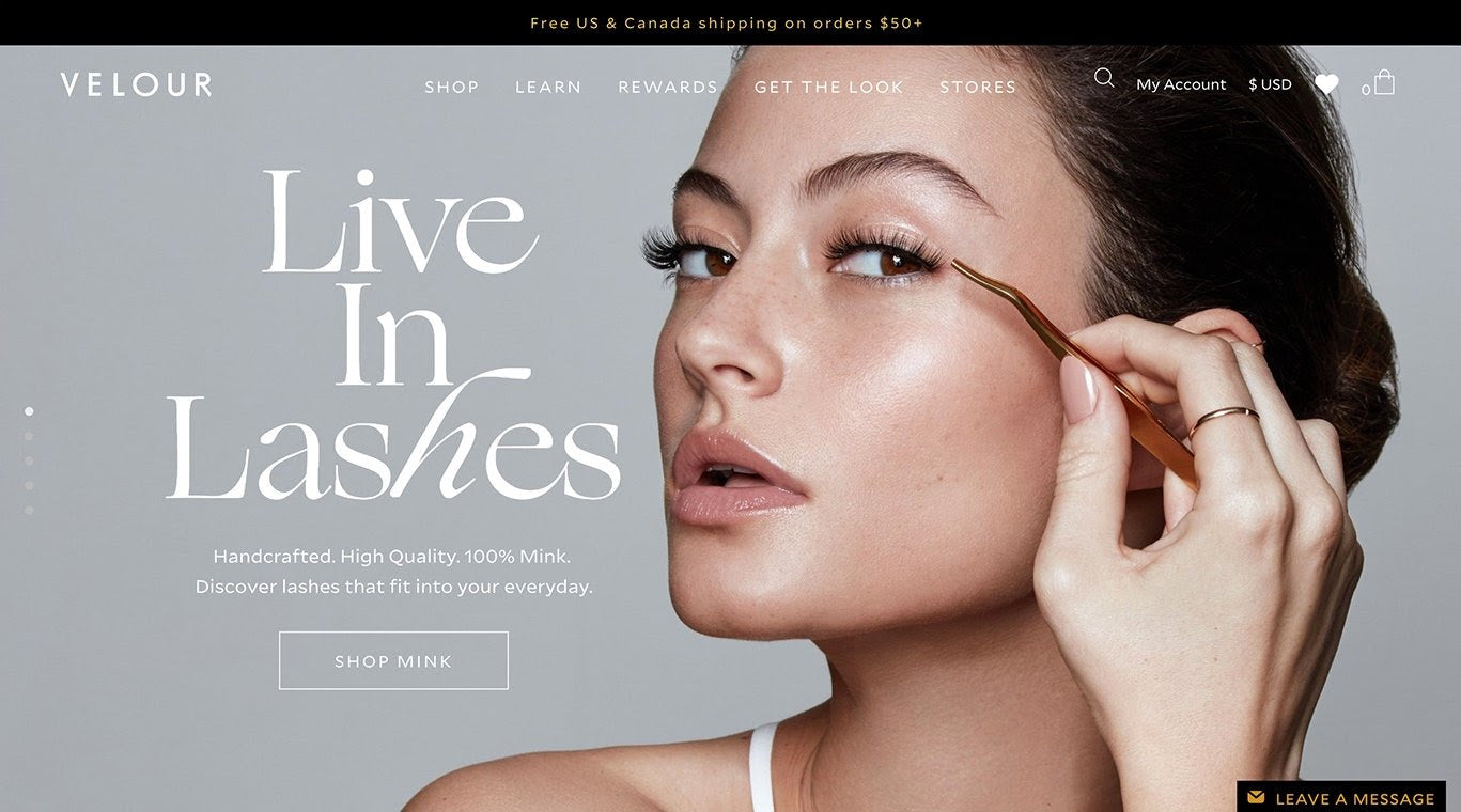 Velour Lashes first homepage on Shopify Plus