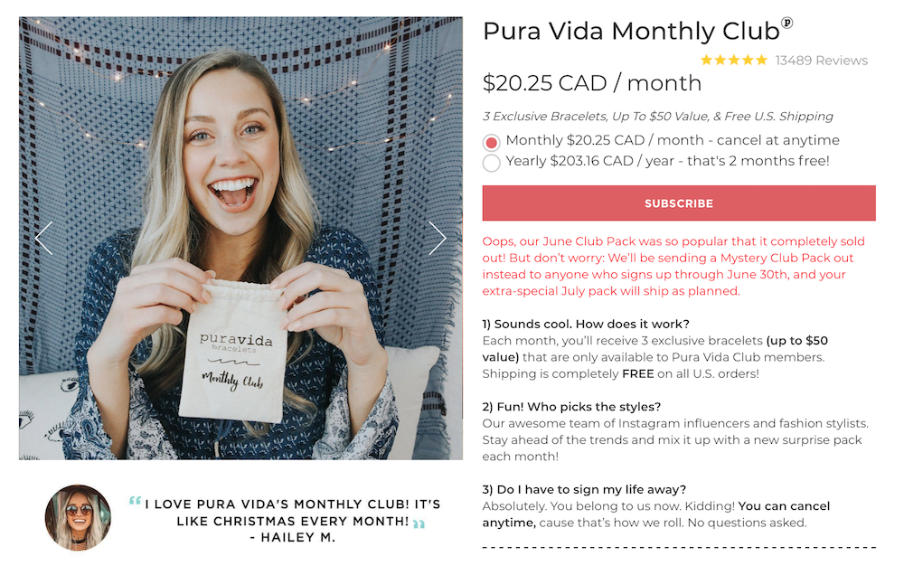 Pura Vida's ecommerce tool for subscriptions