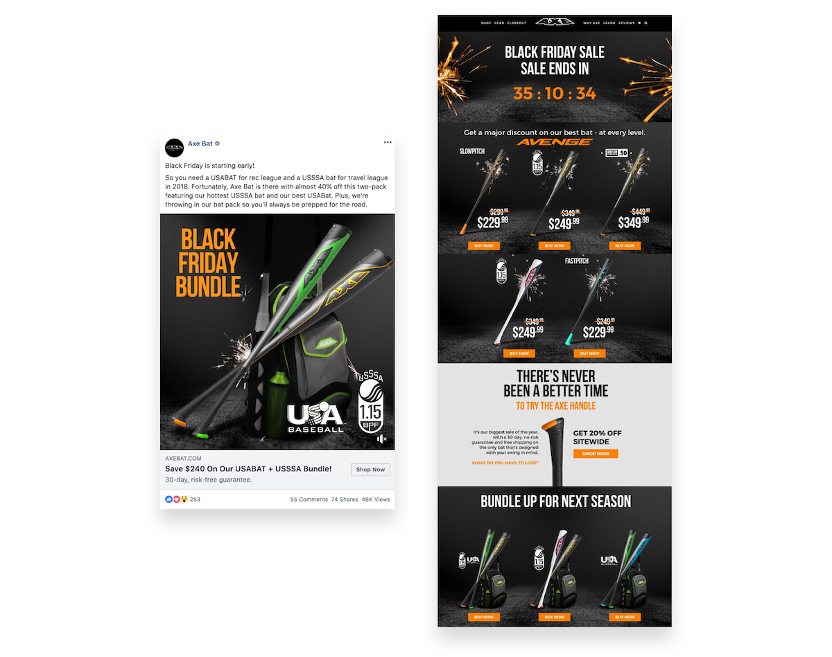 Axe Bat’s Black Friday Facebook ad to landing page