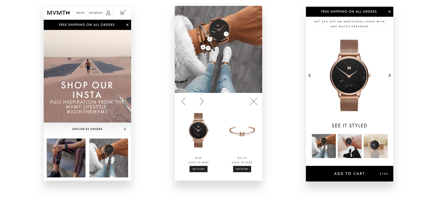 MVMT uses an onsite Instagram “shop” and seeds social content, especially UGC, into product pages and checkouts