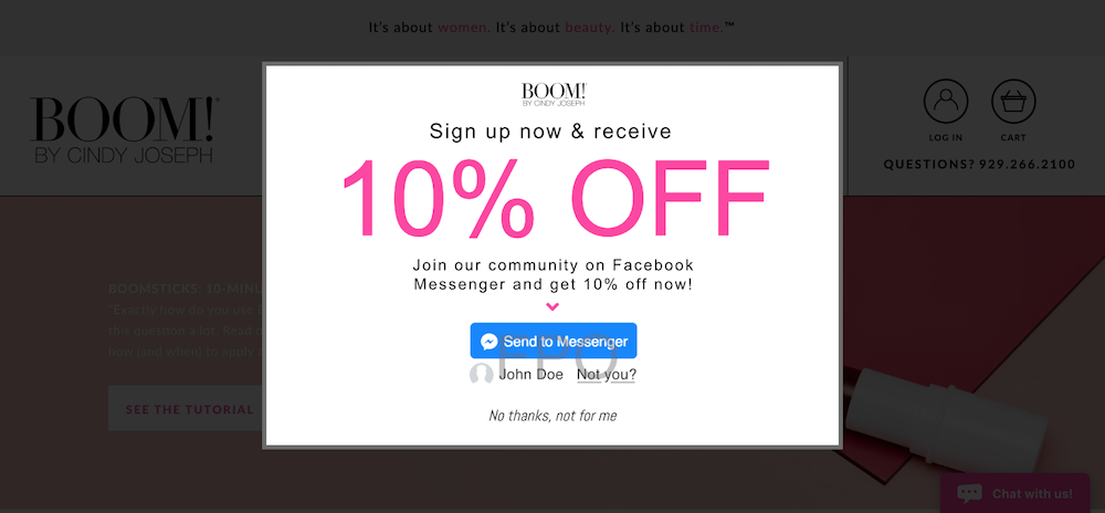 Facebook Messenger marketing discount pop-up