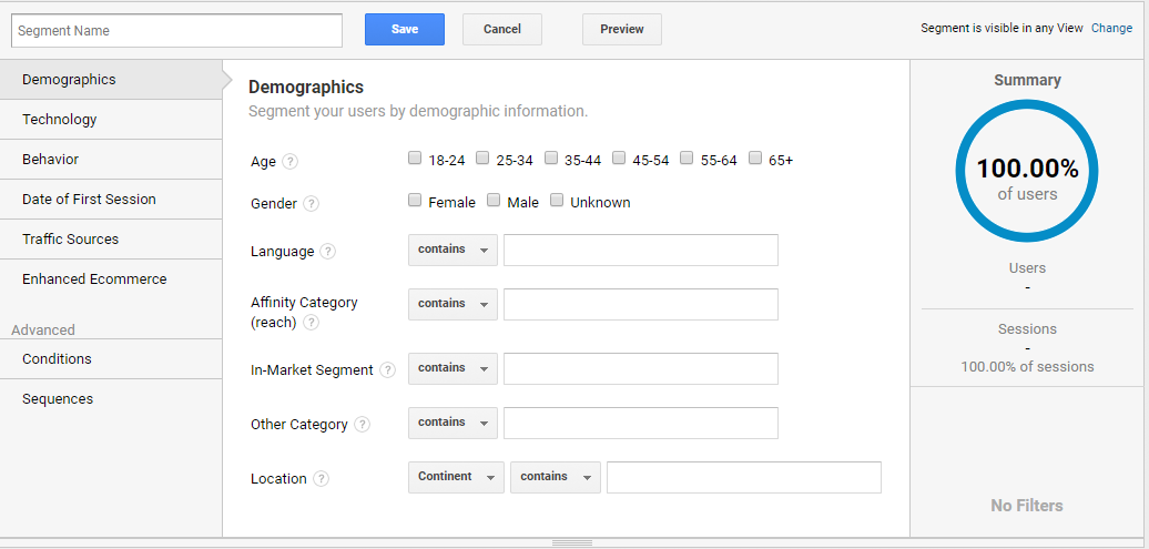 Setting up international segments is straightforward in the Google Analytics interface